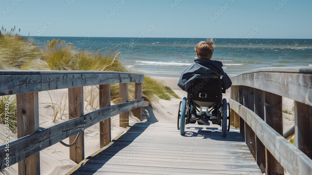 rear view of a young person in an electric wheelchair on a wooden boardwalk overlooking the beach