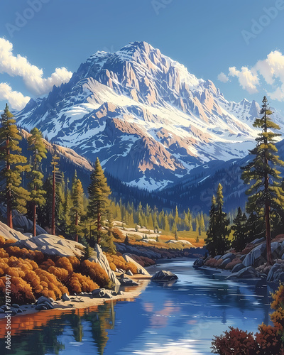 Vibrant Artistic Landscape Depicting a Mountain River in California, USA