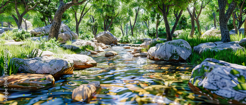 Tranquil Forest Stream with Cascading Waterfall and Lush Greenery  Natures Beauty Unfolded