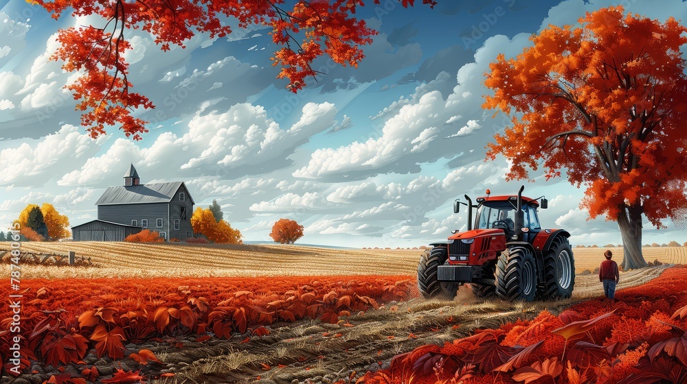 Agriculture, nature and farming. Summer. The tractor pulls the plow ...