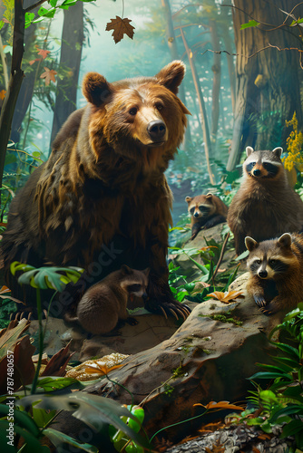 Scene of Omnivores: Bear, Boar, and Raccoon in Their Natural Habitat