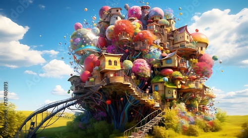 a house that defies the laws of physics  with AI painters creating an otherworldly  floating structure with vivid colors and patterns