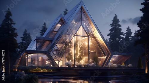 an AI-generated house that seems to be made of transparent crystal, with intricate fractal patterns adding a touch of elegance and mystery