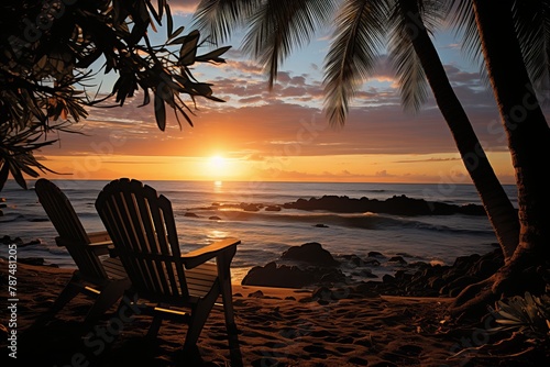 Tropical sunset. two beach chairs, palm trees, and ocean view on a beautiful seaside
