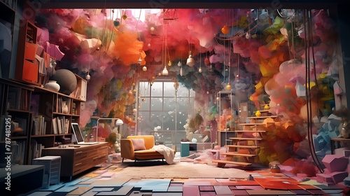 an image of a house transformed into an abstract wonderland, with AI-generated painters using unconventional techniques to a mesmerizing environment photo