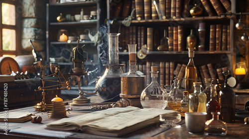 A gloomy medieval alchemist's laboratory.