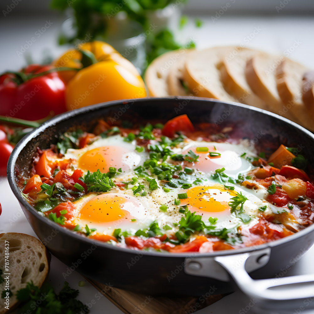 Delicious shakshuka eggs breakfast with fresh tomatoes in a pan on kitchen table 
