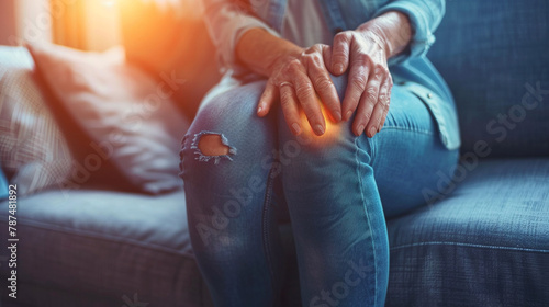 A woman with a painful knee on the couch. 