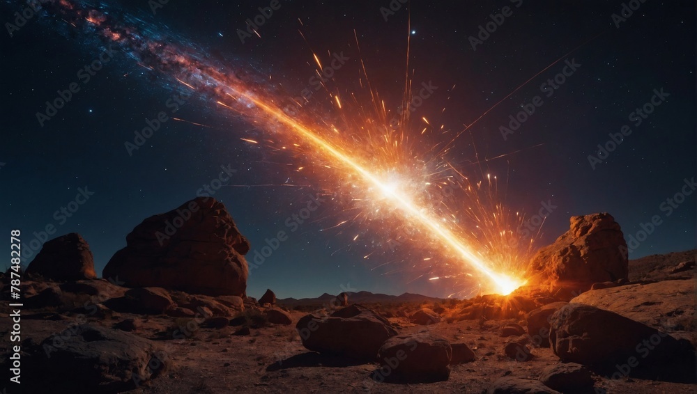 Astral abstract background, fiery meteor, flare, laser penetrating the rock, radiant colors.