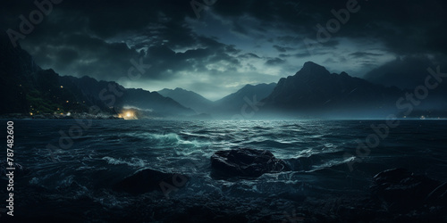 A serene night with mountains silhouetted against the dark sky, reflecting in calm waters. © Gfx
