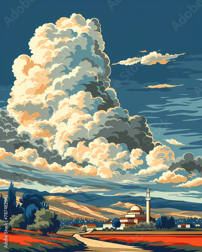 Minimalist Skyline Painting: Vintage Travel Poster of Albanias City Under a Cloud photo