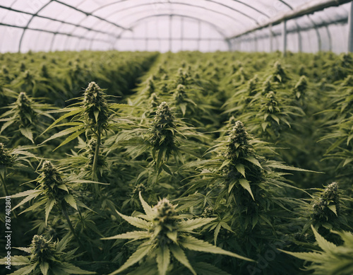 Cannabis greenhouse. Hundreds of marijuana plants grown in a large greenhouse. Out of focus background. Ai generated