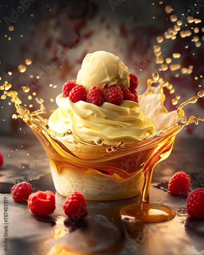 A realistic photo of an elegant dessert, filled with creamy ice cream and fresh raspberries in the center, topped by yellow frosting The scene is illuminated with soft lighting that casts gentle shado photo