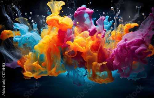 multi-colored paints flow down in blue transparent water underwa