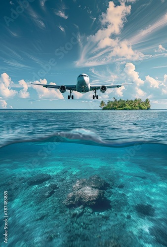Airplane Flying Over Small Island in Ocean