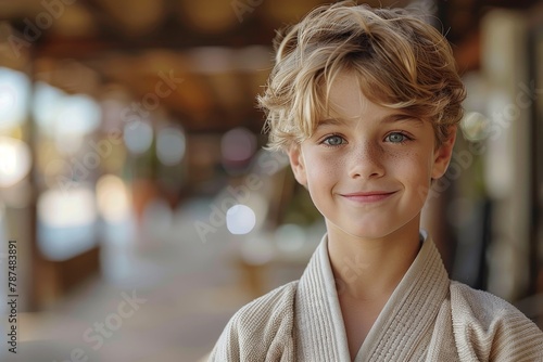 The warmth of a young boy's genuine smile offers a sense of comfort and sincerity in a soft-focused environment photo