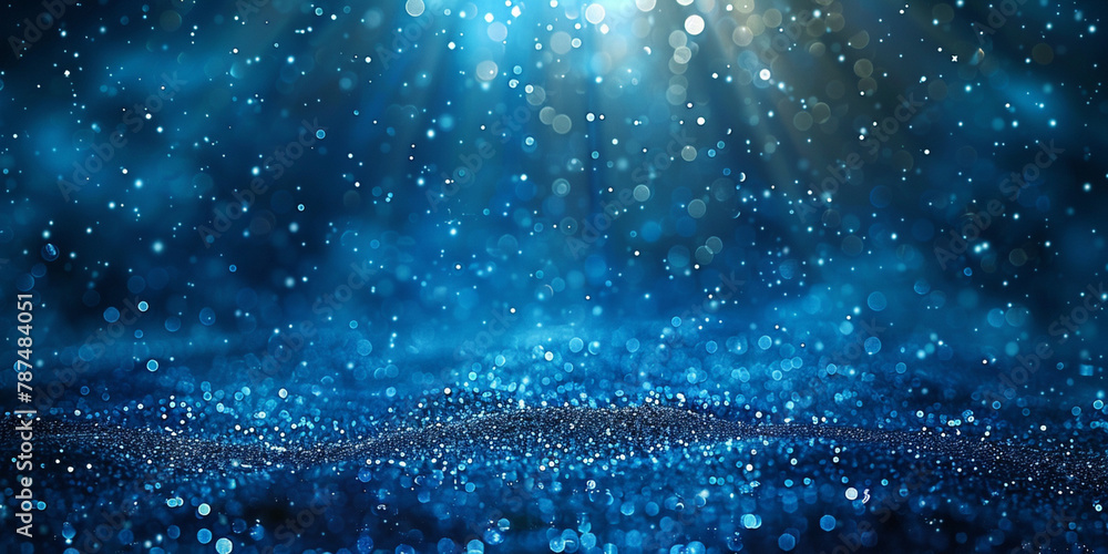 Water droplets on a vibrant blue surface, reflecting light, creating a serene and calming atmosphere. - obrazy, fototapety, plakaty 