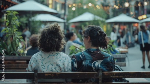 Two people sit on a bench backs turned to the camera as they engage in an animated conversation surrounded by a lively backdrop . .
