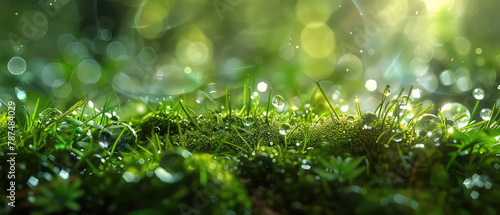Sunlit dewy grass scene in close-up