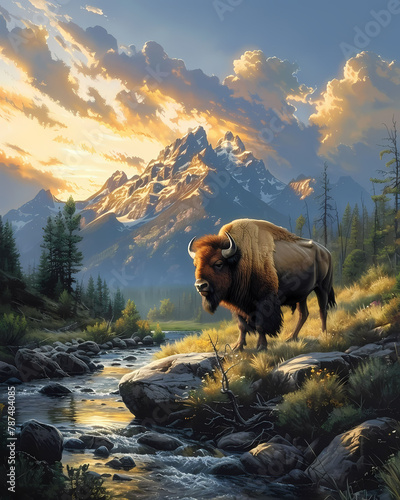 Vibrant Digital Painting: Majestic Bison Posing on Rocks Amidst Rivers Edge in Montana