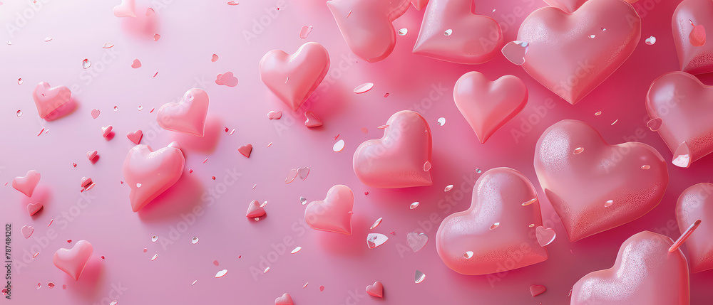 Pink Hearts Scattered on Surface with Shadows