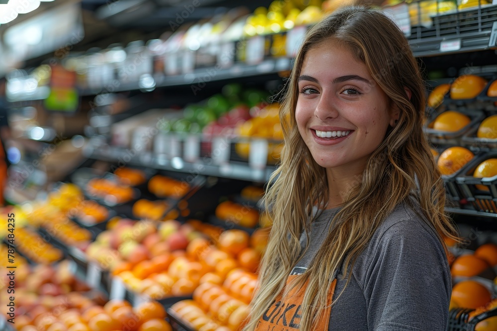 Image captures a cheerful young woman smiling at the camera in a fruit and vegetable market