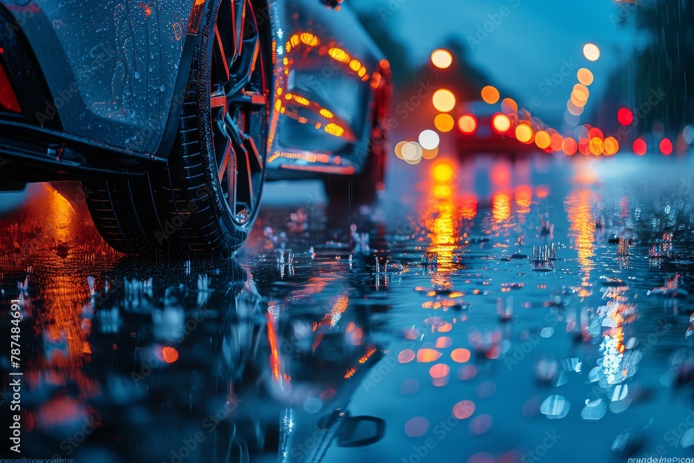Dramatically lit car tire splashing through a puddle on a rainy city street at dusk with glowing lights