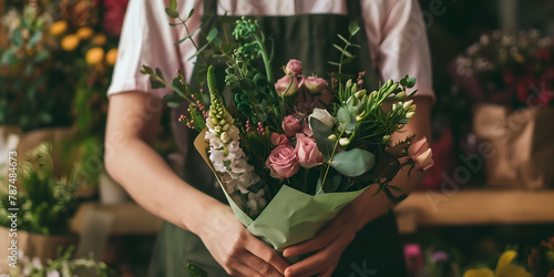 A florist holds a bouquet of flowers in front of her. AI generated