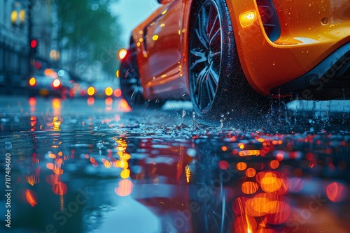 An aesthetically pleasing shot of an orange sports car reflecting on the glistening wet street with bokeh lights