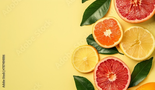 Group of Oranges With Leaves on Yellow Background