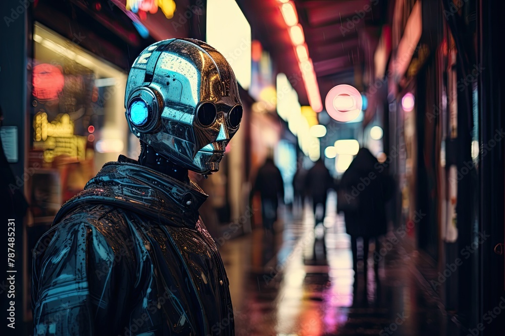 Futuristic robot standing in the desolate streets. Futuristic robot standing in the desolate streets.