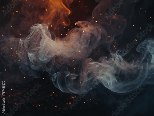 Burning particles embers on background. Smoke fog misty texture.