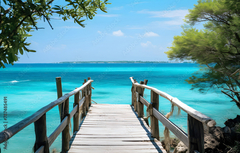 Obraz premium wooden bridge with beautiful turquoise ocean and island for trav