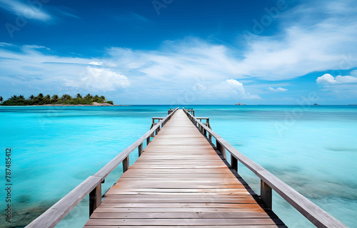 wooden bridge with beautiful turquoise ocean and island for trav © Oleksiy