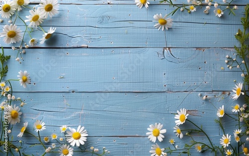 Blue Wooden Background With Daisies © yganko