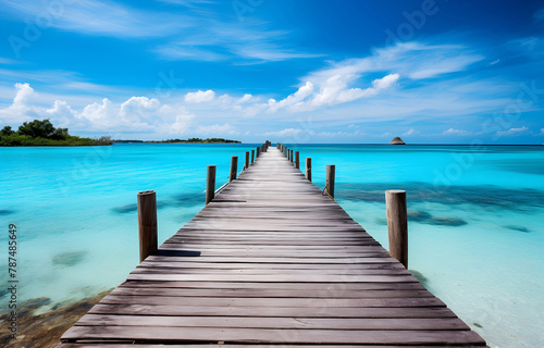 wooden bridge with beautiful turquoise ocean and island for trav © Oleksiy