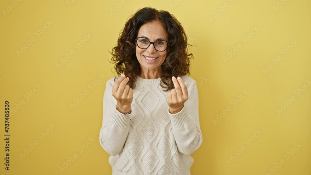 Middle age hispanic woman wearing glasses standing doing money gesture with hands, asking for salary payment, millionaire business over isolated yellow background