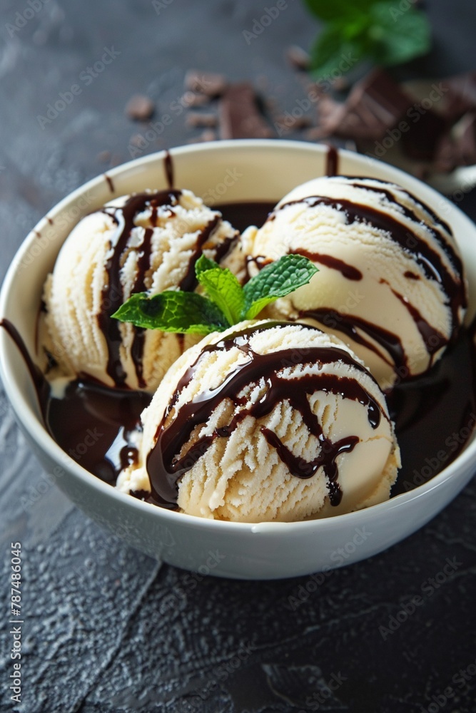two scoops of vanilla ice cream with chocolate syrup drizzled over them, garnished with a mint leaf two scoops of vanilla ice cream with chocolate syrup drizzled over them, garnished with a mint leaf