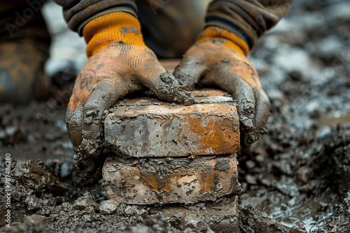 A worker's muddy hands press down on a brick amidst a muddy construction environment, capturing effort