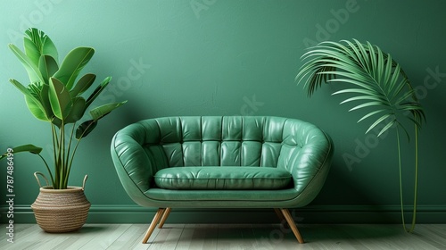 Cute peal Green Color loveseat sofa or snuggle chair and one pot with homcom plant branch photo