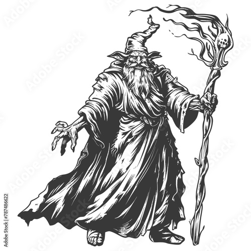 ogre mage or necromancer with magical staff images using Old engraving style