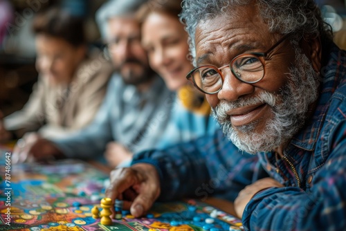 An older man with a white beard engrossed in playing a strategic, vibrant board game with unseen opponents