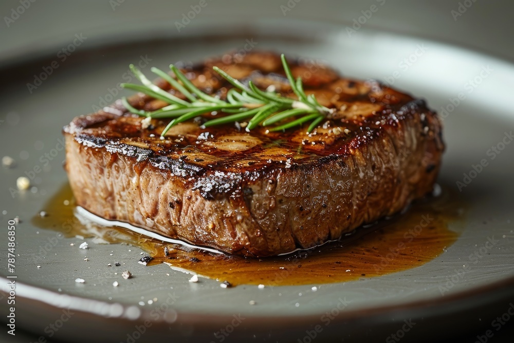 Close-up of succulent grilled steak seasoned with rosemary, served on a plate, perfect for a gourmet meal