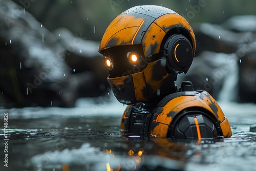 Wallpaper Mural A serene scene of a futuristic robot's head partially submerged in water, surrounded by a peaceful natural environment Torontodigital.ca