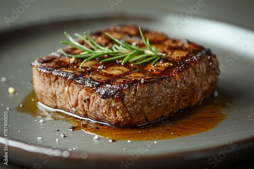 Close-up of succulent grilled steak seasoned with rosemary, served on a plate, perfect for a gourmet meal