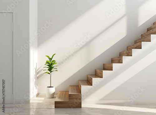 Staircase in modern home interior with wooden steps and white door