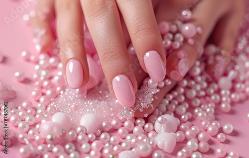 Womans Hands With Pink and White Nail Polish