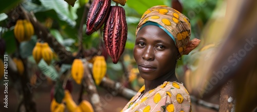 black woman smiling, collecting cocoa beans fresh in the forest, elephants in the background, label, chocolate business card, raw cocoa, Ivory Coast, Africa photo