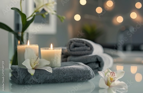 Candles, Towels, and Flowers on Table