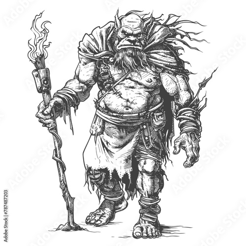 ogre mage or necromancer with magical staff images using Old engraving style